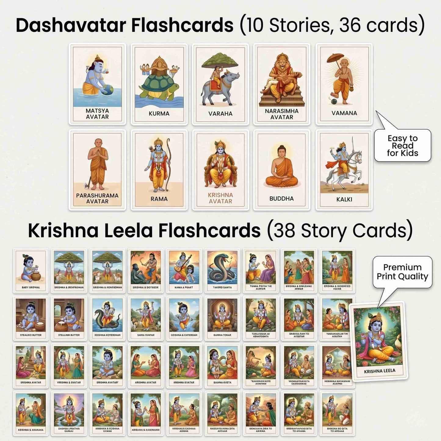 Krishna Leela Flashcards + Dashavatar Cards for Kids (Story Learning Set)