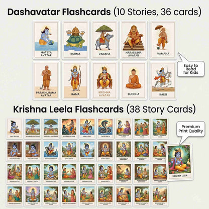 Krishna Leela Flashcards + Dashavatar Cards for Kids (Story Learning Set)